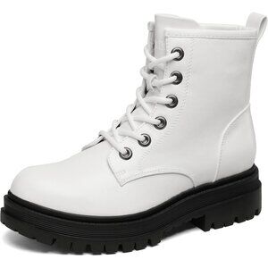 ⚡Women White Combat Ankle Lace-up Platform Side Zipper Lug Rubber Sole Boots